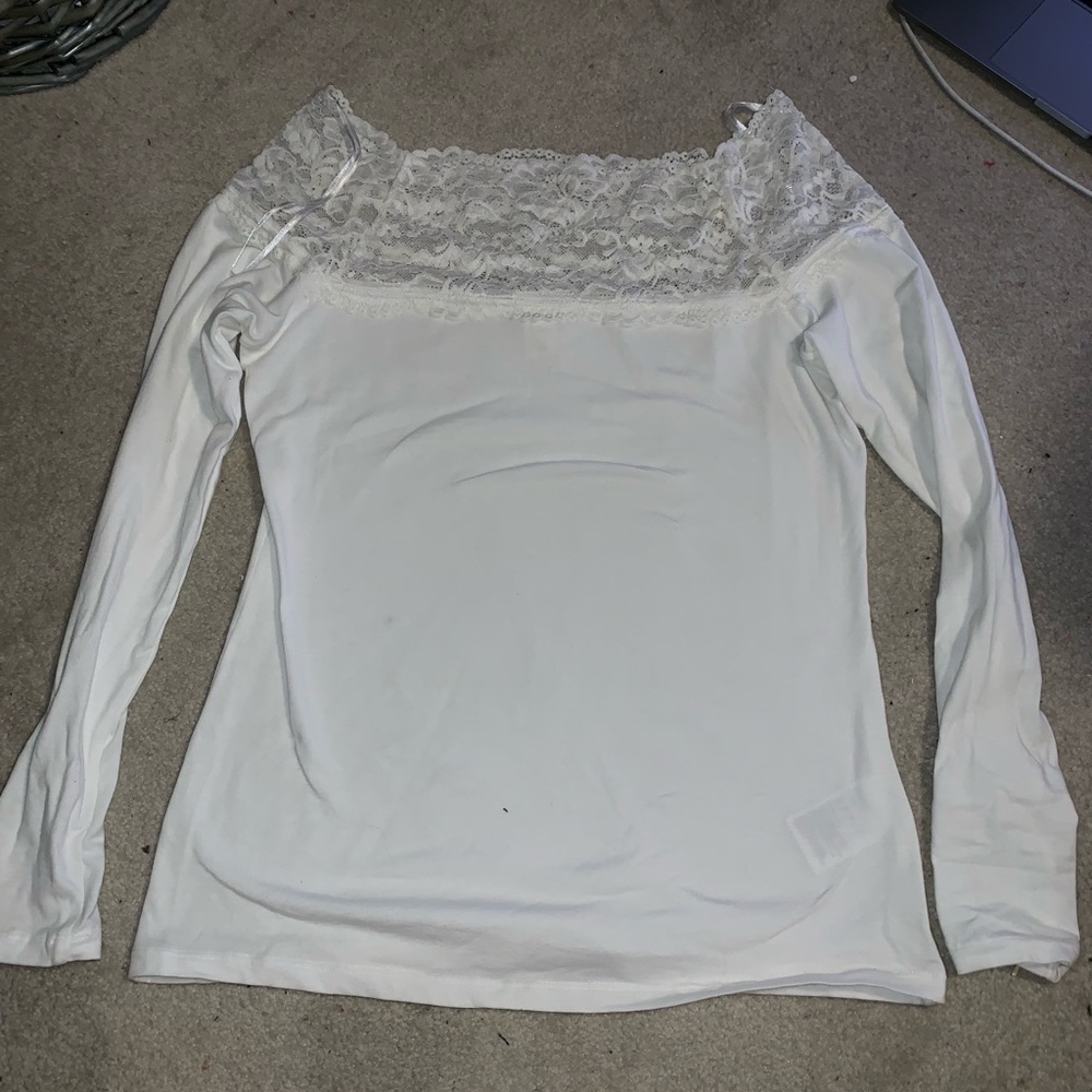 Off the shoulder, lace light sweater.